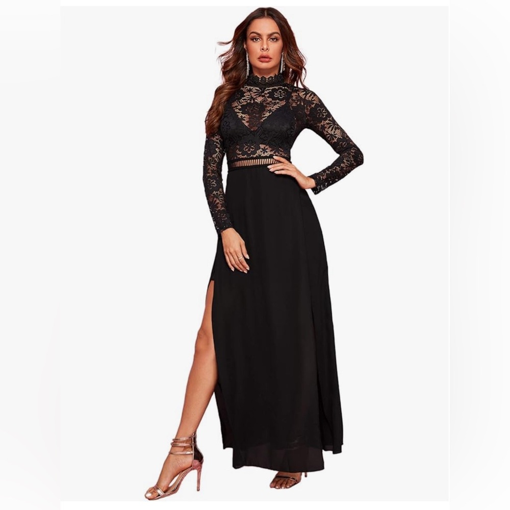 SweatyRocks Sheer Lace Long Sleeve Split Maxi Dress